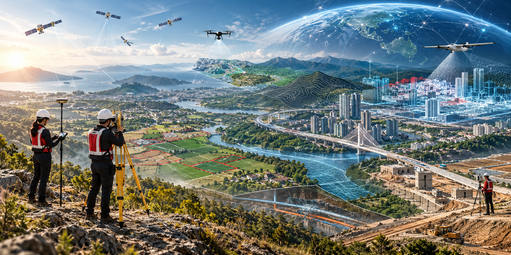 Conceptual panorama of land surveyors, infrastructure, and digital geospatial mapping